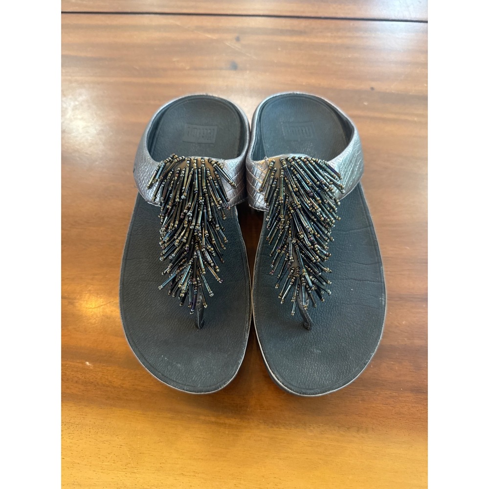 FitFlop Cha Cha Beaded Fringe Wedge Sandals Pewter Leather Womens 5 336-289